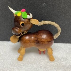 Wooden Cow By Goula of Spain Figurine Festive Decor Ornament 1960s